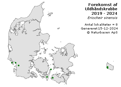 Uldhåndskrabbe - udbredelseskort