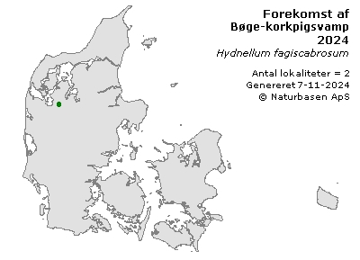 Bøge-korkpigsvamp - udbredelseskort